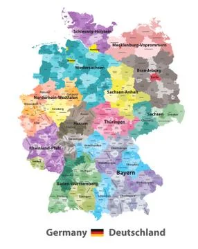 Germany high detailed vector map (colored by states and administrative districts Stock Illustration