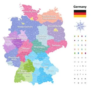 Germany high detailed vector map (colored by states and administrative districts Stock Illustration