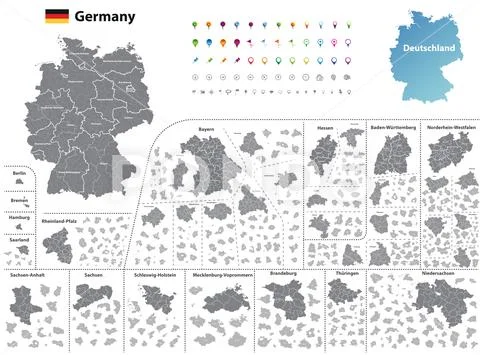 Germany high detailed vector map (colored by states and administrative ...