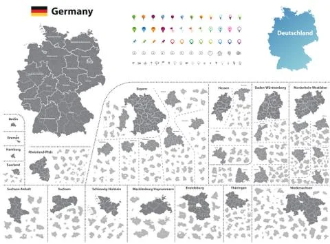 Germany high detailed vector map (colored by states and administrative districts Stock Illustration