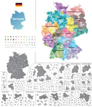 Germany high detailed vector map (colored by states and administrative districts Stock Illustration