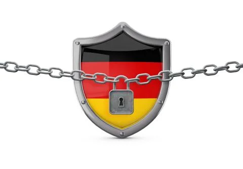 Germany lockdown concept. Shield with lock and chain. 3D Render Stock Illustration