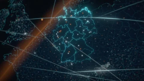 Germany Map With Glowing City Lights And Data Network Seen From Orbit Stock Footage 343402549
