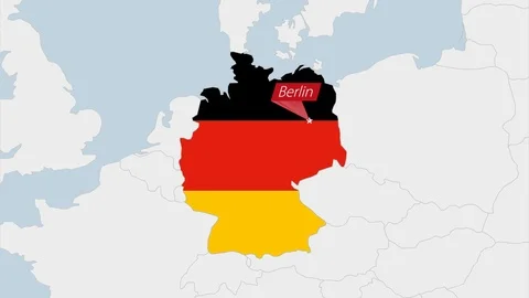 Germany map highlighted in Germany flag colors and pin of country capital Berlin Stock Footage 124334728