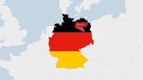Germany map highlighted in Germany flag colors and pin of country capital B.. Stock Illustration