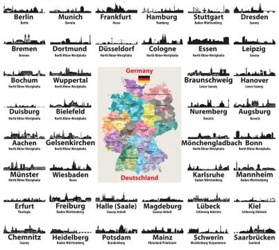 Germany map with largest cities skylines silhouettes vector set Stock Illustration