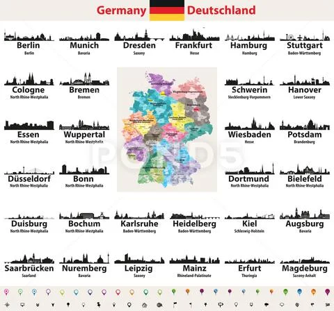 Germany map with largest cities skylines silhouettes vector set ...