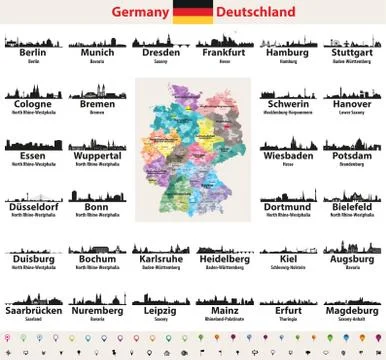 Germany map with largest cities skylines silhouettes vector set Illustrazione stock
