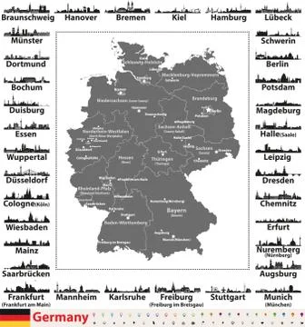 Germany map with largest cities skylines silhouettes vector set Stock Illustration