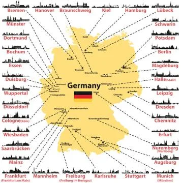 Germany map with largest cities skylines silhouettes vector set Stock Illustration