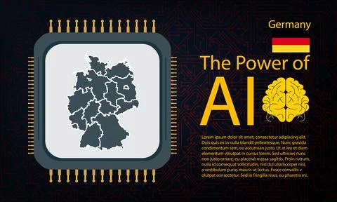 Germany map with microchip war and AI concept on circuit board, Power of AI.. Ilustração Stock