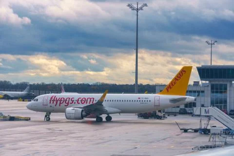 GERMANY, MUNICH - CIRCA 2020: Pegasus Airline Airplane grounded at Munich air Stock Photos