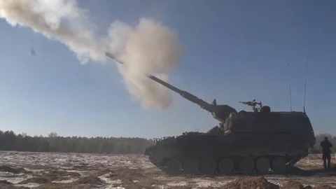 Germany PzH-2000 Self-propelled Artillery Mount Fires Stock Footage 120947796