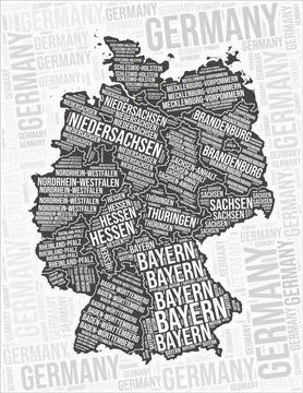 Germany regions map word cloud. Germany region names. Black and white map d.. イラスト素材
