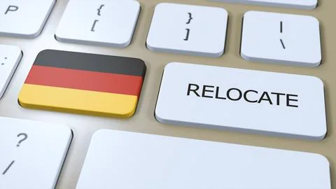Germany Relocation Business Concept. 3D Illustration. Country Flag with Tex.. Stock Illustration