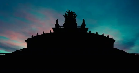 Germany Semper Opera House Desden Red Sky at Dusk Timelapse Stock Footage 142744218