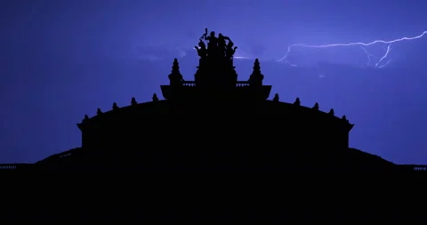 Germany Semper Opera House Desden Stormy Night Lighting Bolt Timelapse Stock Footage 142745502