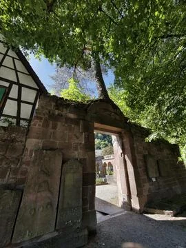 Germany Stone gateway under dense green canopy beside historic timbered wall Stock Photos