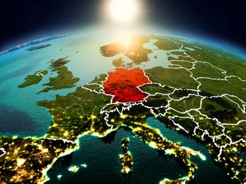 Germany in sunrise from orbit Illustrazione stock