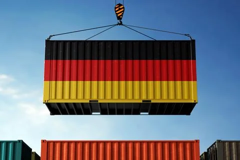 Germany trade cargo container hanging against clouds background Stock Photos