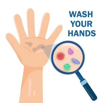 Germs on a dirty hand. Bacteria under magnifier, hand washing and hygiene Stock Illustration
