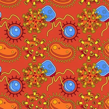 Germs seamless pattern on orange backdrop for wrapping paper. Stock Illustration