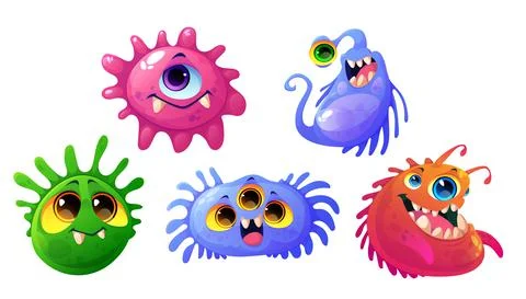 Germs, viruses and bacteria cartoon characters set Stock Illustration