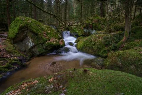 Gertelbach waterfall in the Black Forest with mossy stones Stock Photos