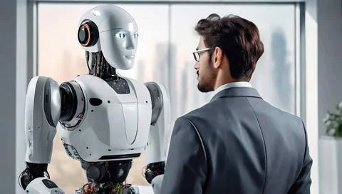  Geschäftsmann und Roboter. Symbolbild: Künstliche Intelligenz ersetzt Arb. Stock Photos