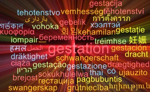 Gestation multilanguage wordcloud background concept glowing Stock Illustration