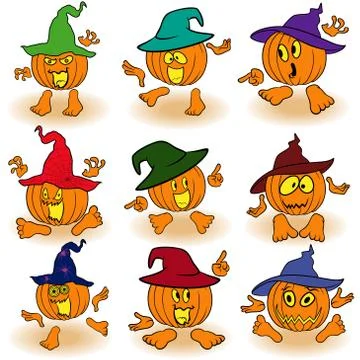 Gesticulating funny pumpkins in hats Stock Illustration