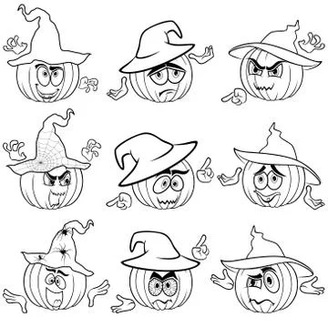 Gesticulating pumpkins outlines in hats Stock Illustration