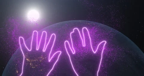 Gesture hello, wave hands. Neon glowing outlines of hands show a symbol Vídeo Stock 222048312