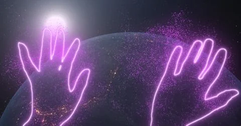 Gesture hello, wave hands. Neon glowing outlines of hands show a symbol Stock Illustration