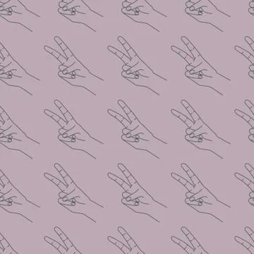 Gesture with two fingers seamless pattern. Silhouette contour on a pastel pur Stock Illustration
