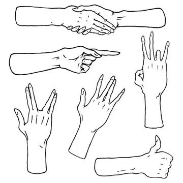 Gestures arms stop, palm, thumbs up, finger pointer, ok, like and pray or Stock Illustration