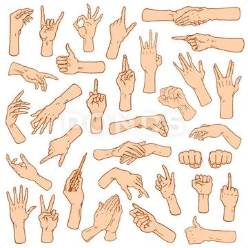 Hand gesture set. human hands showing thumbs up, pointing and