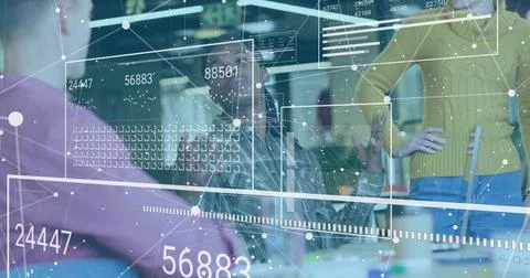 Gesturing analyst and team wearing purple top and yellow sweater viewing AR d Stock Photos