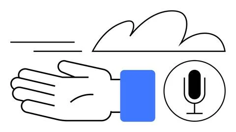 Gesturing Hand with Cloud and Microphone Symbolizing Speech and Communication Stock Illustration