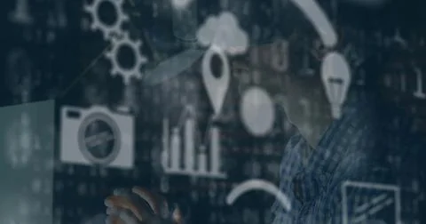 Gesturing male developer in blue plaid shirt interacting with AR overlay at tech Stock Photos