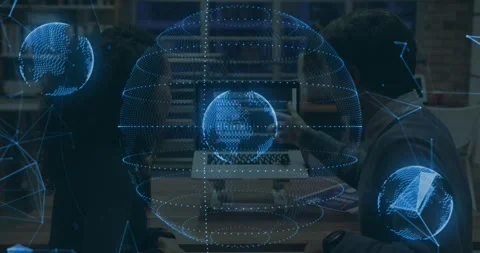 Gesturing man in dark jacket and team demonstrating hologram appearing while Stock Footage 331126017