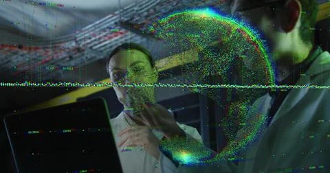 Gesturing researcher in white lab coat manipulating holographic globe at data 写真素材