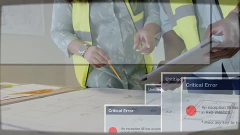 Gesturing team in vests reviewing plans with pencil at site office tablet Stock Footage 332897502