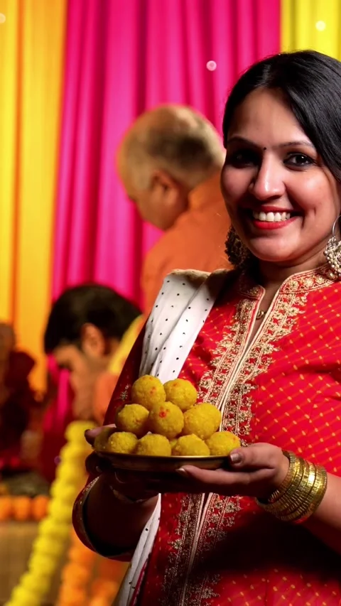 Gesturing warmly for Ganesh puja, young Indian girl invites camera with smile Stock-Footage 342346046