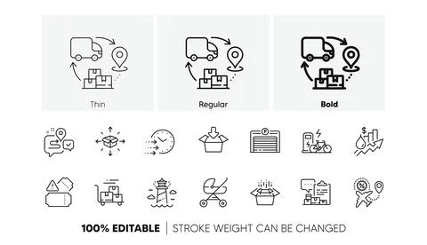 Get box, Supply chain and Parcel delivery line icons. For web app, printing Stock Illustration