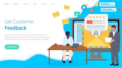 Get customer feedback website template. Managers and marketers study user Illustrazione stock
