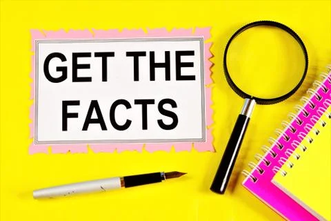 Get the facts-a text label, a true event, really happened, took place, Stock Photos