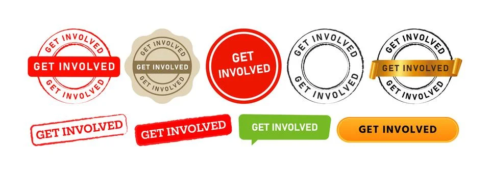 Get involved speech bubble and rubber stamp sign for join take action Stock Illustration