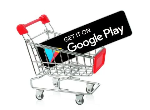 Get it on Google Play black button in shopping cart, on white backround Stock Photos