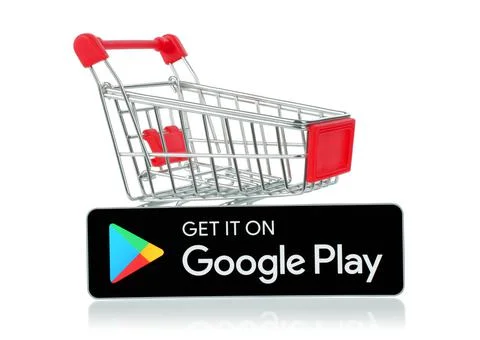 Get it on Google Play black button with shopping cart, on white background Foto stock